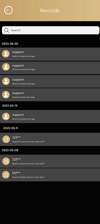 Activity history screen in the lock's app